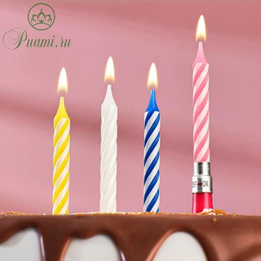 Свечи восковые для торта "Яркая полоска" набор (3 витых и музыкальная), цвета МИКС