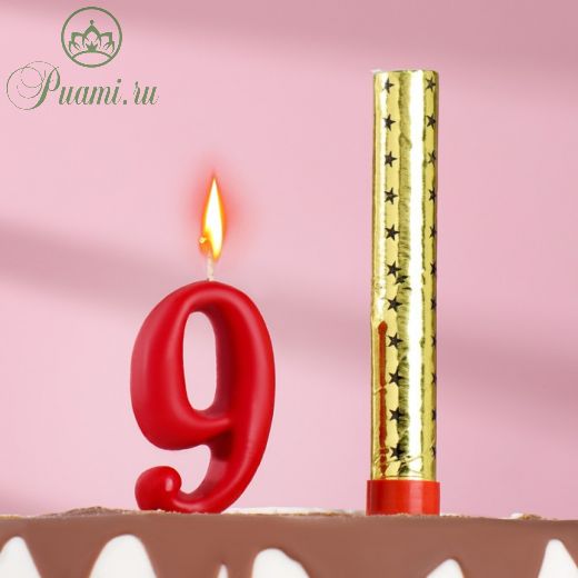 Свеча для торта цифра "Овал" красная "9" + фонтан