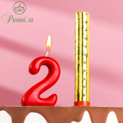Свеча для торта цифра "Овал" красная "2" + фонтан