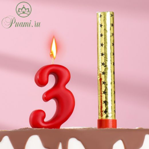 Свеча для торта цифра "Овал" красная "3" + фонтан