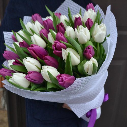 Белые и фиолетовые тюльпаны в оформлении
