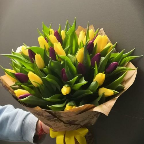 Желтые и фиолетовые тюльпаны в оформлении