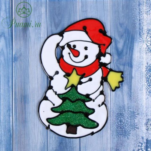 Наклейка на стекло "Снеговик с нарядной ёлкой" 10х15 см