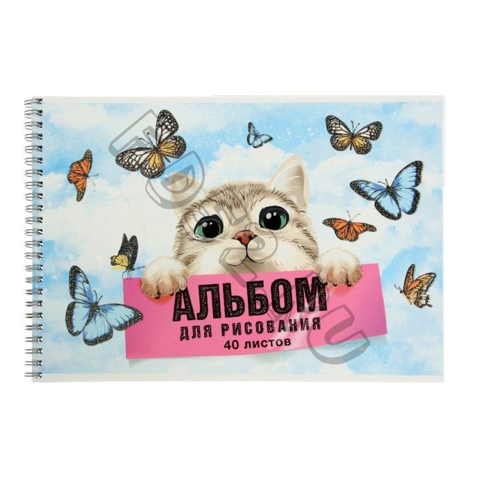 Альбом для рисования А4, 40 листов на гребне "Мечта кота", обложка мелованный картон, глиттер, блок 100 г/м2