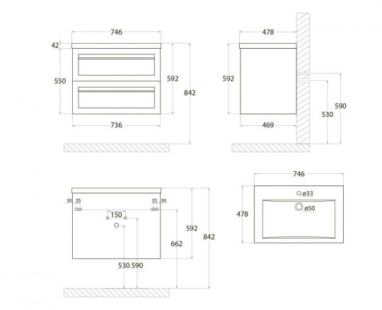 Подвесная тумба Art&Max PLATINO под мебельную раковину AM-Platino-750-2C-SO 75х47 схема 6
