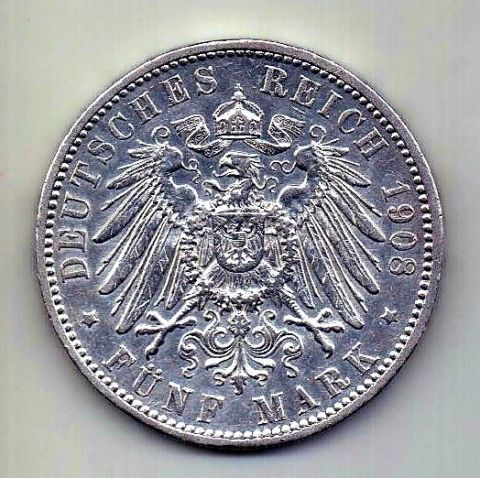 5 марок 1908 Баден UNC Германия