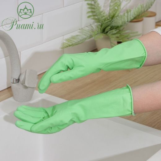 Перчатки резиновые Malibri «С экстрактом алоэ», с хлопковым напылением , размер M, цвет зелёный