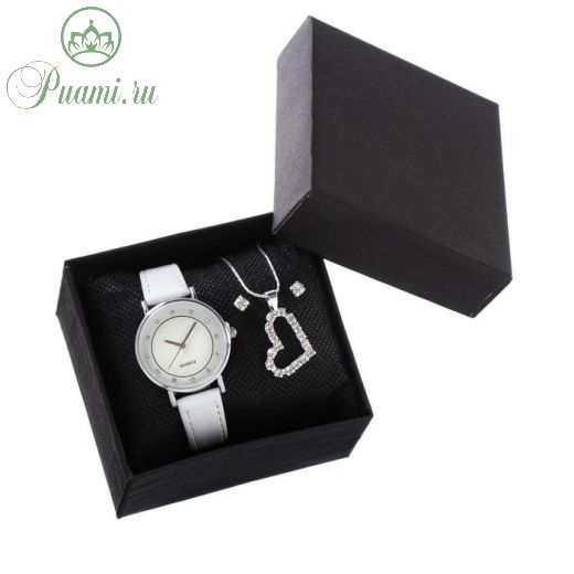 Подарочный набор3 в 1 "Сердце": наручные часы, d=3 см, кулон, серьги