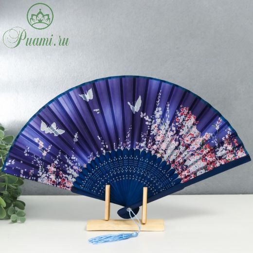 Веер бамбук, текстиль h=21 см "Цветы и бабочки" синий, с кисточкой