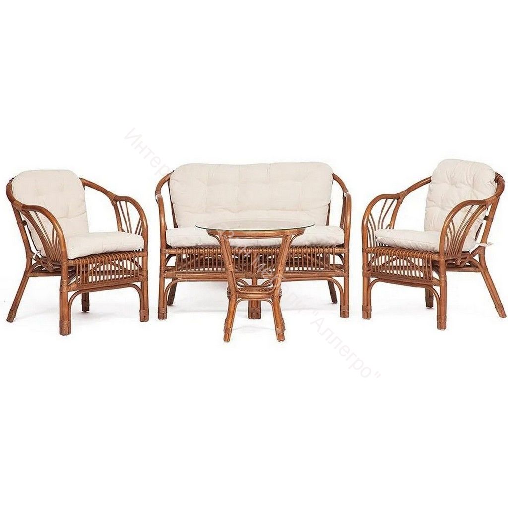 КОМПЛЕКТ " NEW BOGOTA " ( диван + 2 кресла + стол со стеклом ) /с подушками/ ротанг,coco brown (коричневый кокос)