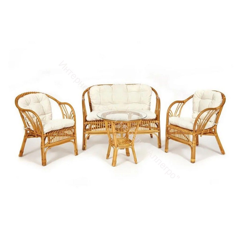 КОМПЛЕКТ " NEW BOGOTA " ( диван + 2 кресла + стол со стеклом ) /с подушками/ ротанг, Honey (мед)