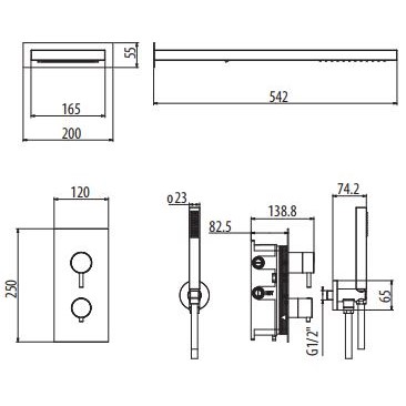 Встраиваемая душевая система с термостатическим смесителем, верхним (2 режима) и ручным душем Gattoni Soffio 8185/PD схема 2