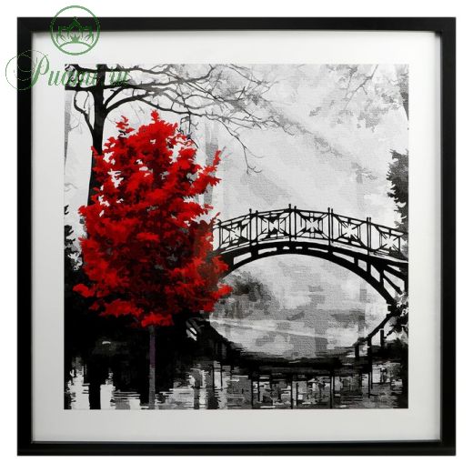 Картина стекло пэт "Красное дерево у моста" 70х70(74х74) см
