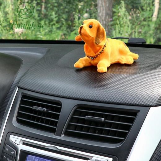 Собака на панель авто, качающая головой, большая, коричневый окрас