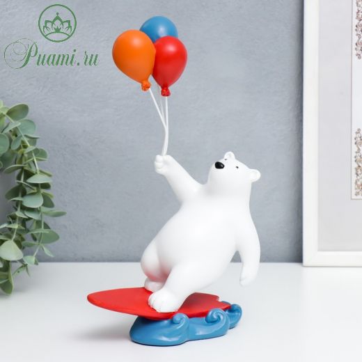 Сувенир полистоун "Белый мишка на сёрфе с воздушными шарами" 23х7х20 см