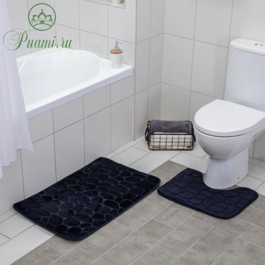 Набор ковриков для ванны и туалета Доляна «Камни», объёмные, 2 шт: 40?50, 50?80 см, цвет синий