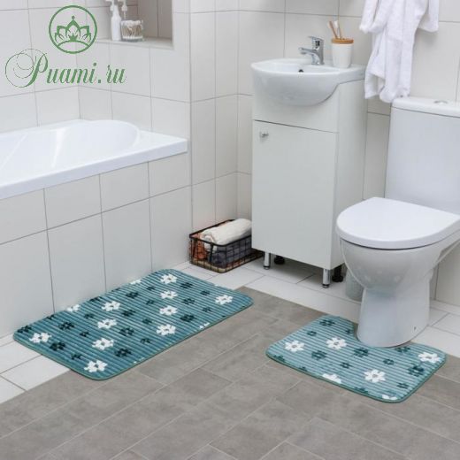 Набор ковриков для ванны и туалета «Ромашки», 2 шт: 50?80, 40?50 см, цвет синий