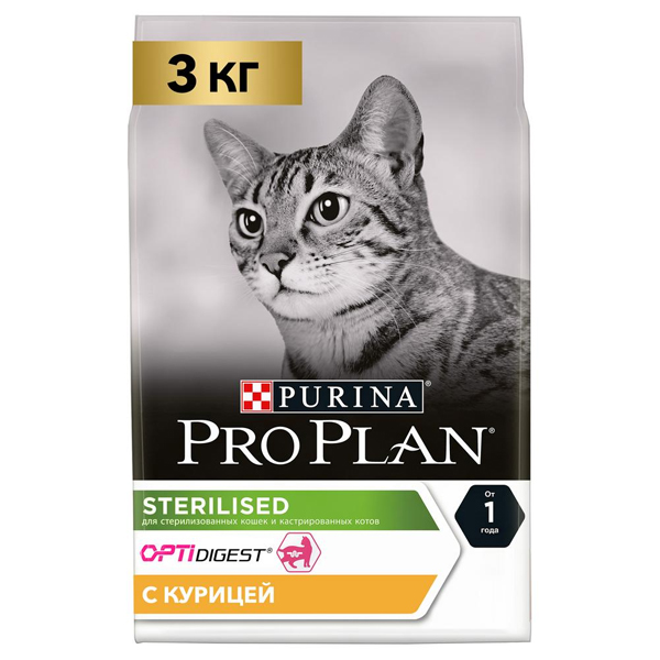 Корм сухой Pro Plan Optidigest Sterilised для кастрированных кошек с чувствительным пищеварением, курица 3кг