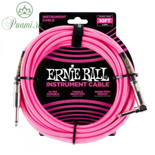 Кабель инструментальный ERNIE BALL 6078 - оплетённый, 3,05 м, прямой/угловой джеки, розовый неон   6