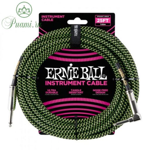 Кабель инструментальный ERNIE BALL 6066 - прямой / угловой джеки, 7,62м, цвет чёрный с зелёным   663