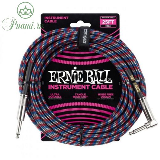 Кабель инструментальный ERNIE BALL 6063 - прямой/угловой джеки, 7,62м, красный с белым и синим   663