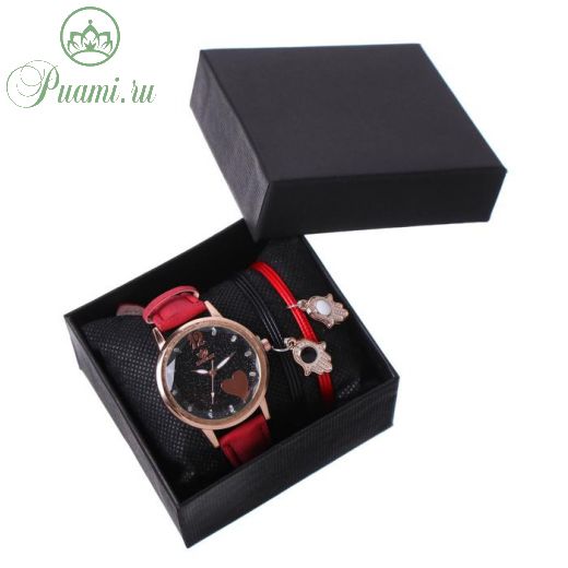 Подарочный набор 2 в 1 "Rinnady": наручные часы, браслет, d=3.8 см, красный