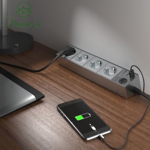 Розеточный блок 4-х местный + 3 USB WL20-04-03, цвет серебро