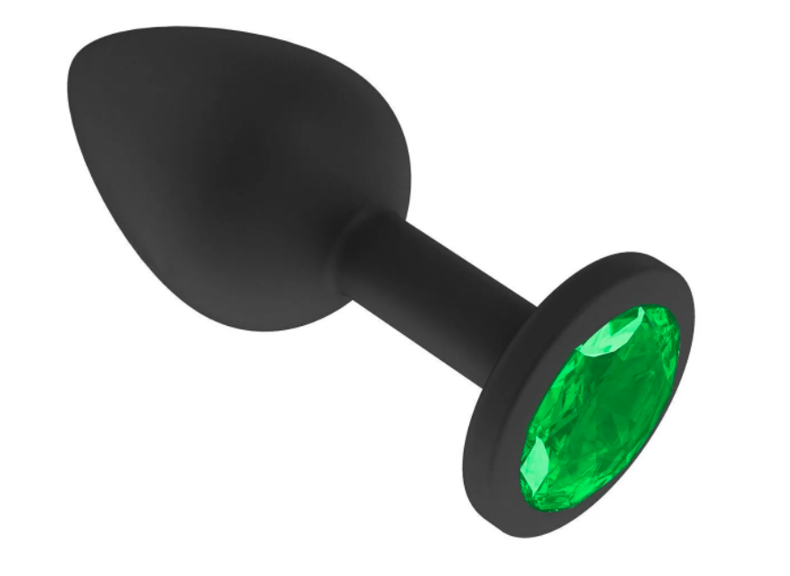 Анальная втулка размер М черная силикон с зеленым стразом