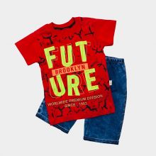 Костюм для мальчика akira футболка красная и шорты джинсовые | 02465-2