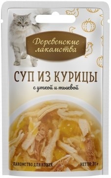 Деревенские лакомства консервы для кошек Суп из курицы с уткой и тыквой 35 гр