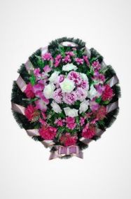 Фото Ритуальный венок Круг с сиреневыми розами и хризантемами