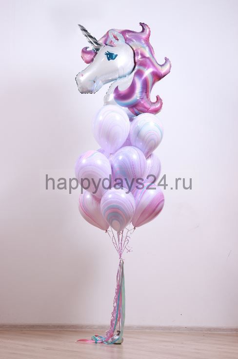 Фонтан из  воздушных шаров "Единорог фиолетовый"