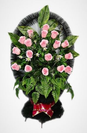 Фото Ритуальная корзина "Александрия №4" розовая из роз и зелени