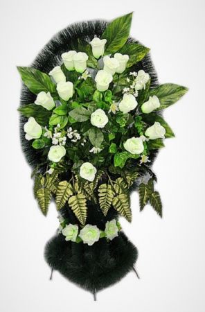 Фото Ритуальная корзина "София №5" из белых роз и зелени