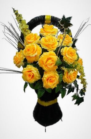 Фото Ритуальная корзина "Полуваза №5" желтые розы и гладиолусы
