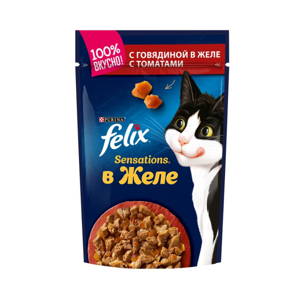 Влажный корм для кошек Felix Sensetions с говядиной и томатами кусочки в желе 85 гр
