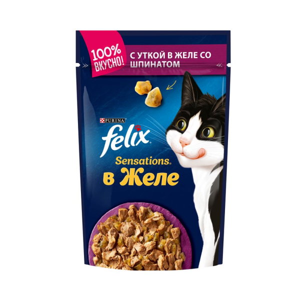 Влажный корм для кошек Felix Sensetions с уткой и шпинатом кусочки в желе  75 гр