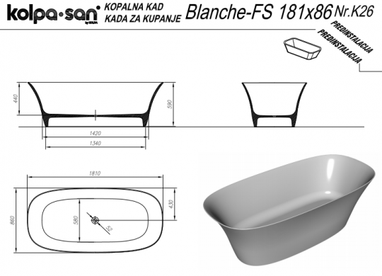 Отдельностоящая ванна Kolpa San Blanche FS (Бланше ФС) 180x85 овальная схема 2