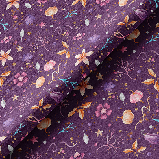 Ткань хлопок для шитья кукол Е.Кононова цветочки и тыковки на фиолетовом limit 178
