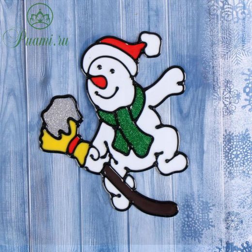 Наклейка на стекло "Снеговик с метлой в снегу" 14х11 см