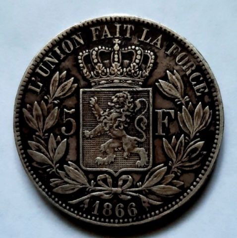 5 франков 1866 Бельгия Редкий год AUNC