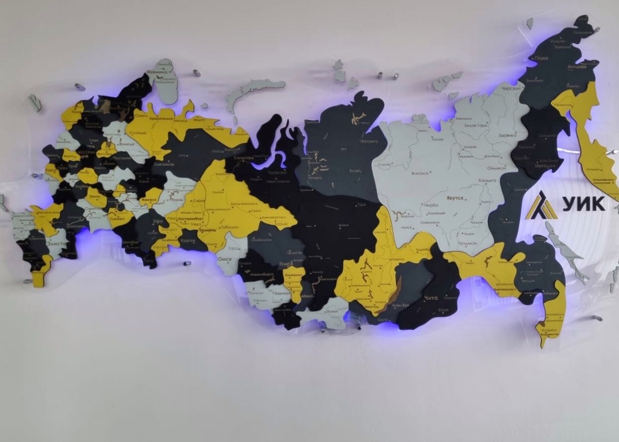 Цвет "Джанкой", Карта России ИЗ ДЕРЕВА многоуровневая, на подложке из орг.стекла