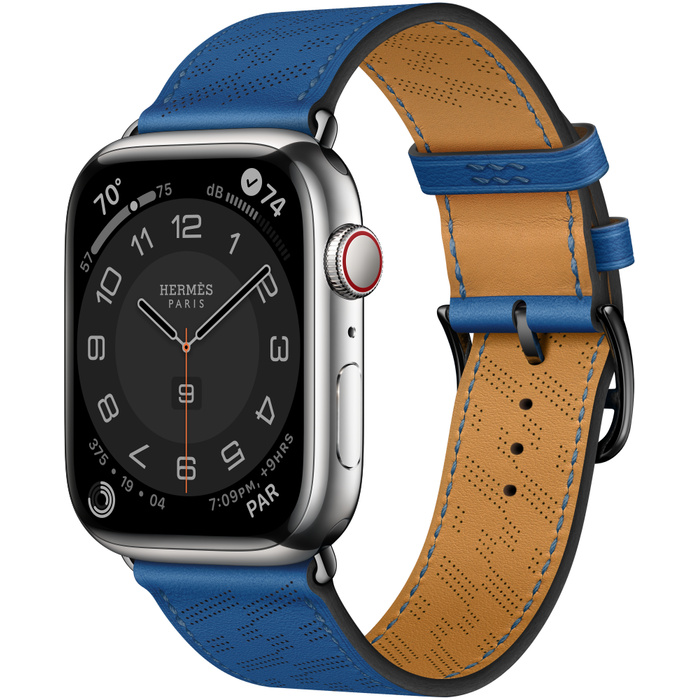 Apple Watch Hermès Series 8 45mm Silver Stainless Steel Case with H Diagonal Single Tour Bleu de France