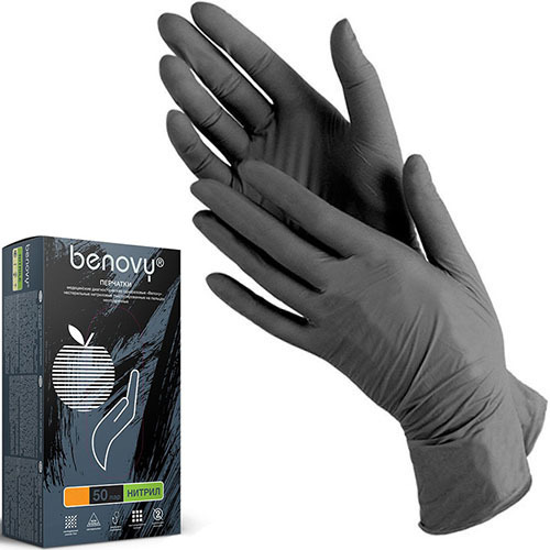 Перчатки нитриловые BENOVY, размер L, 50 пар. Черные