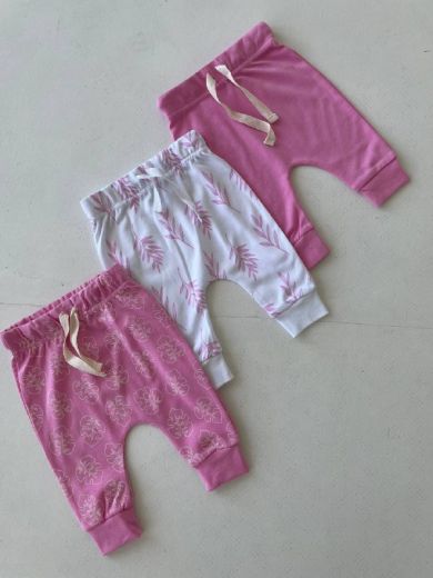 Комплект 3 предмета, штанишки на завязках (розовый, листочки, веточки)