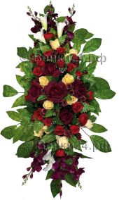 Фото Ритуальная композиция из искусственных цветов на могилу/гроб Элит №10 венок-флоретка в бордово-красно-зелёново-белых тонах
