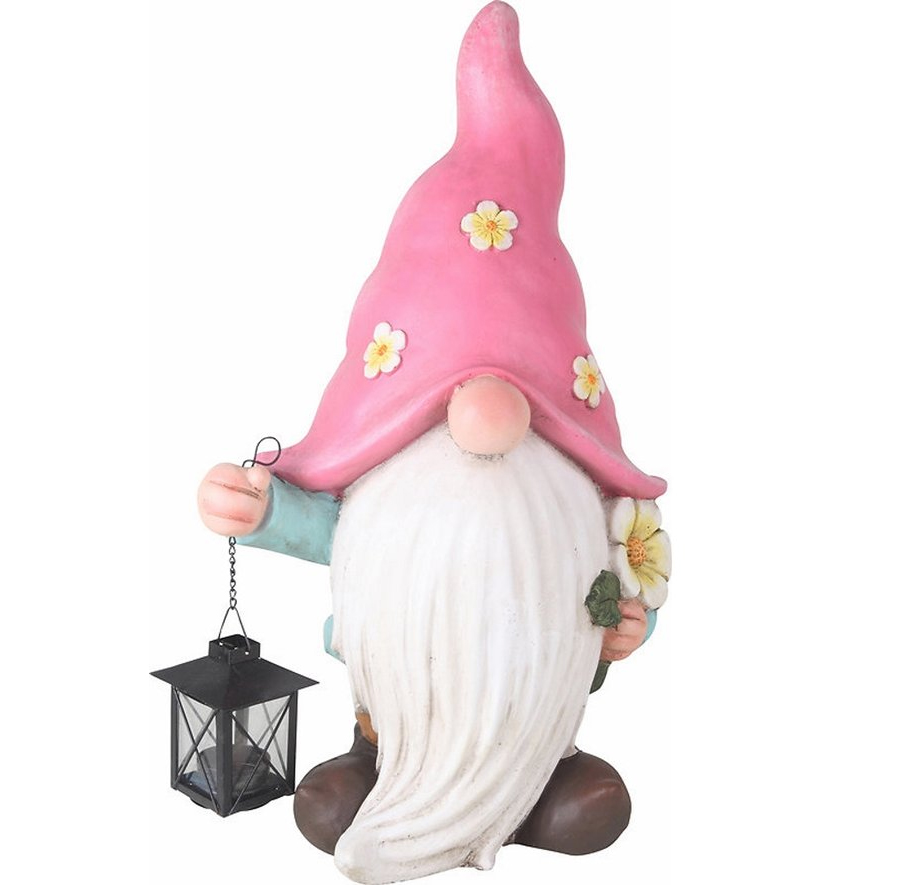 Фигура декоративная Гномик с фонарем розовый