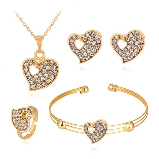 Комплект "Сердце" браслет, кольцо, серьги, кулон с цепочкой (A292)