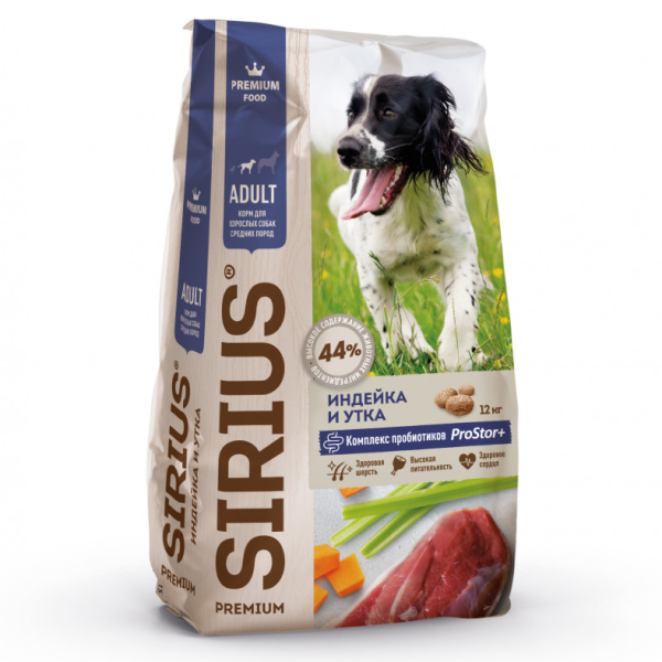 Сухой корм для собак средних пород Sirius с индейкой и уткой