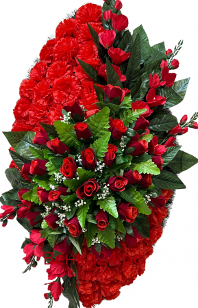 Фото Ритуальный венок из искусственных цветов - Элит #15 красный из роз, гвоздик,гладиолусов и зелени